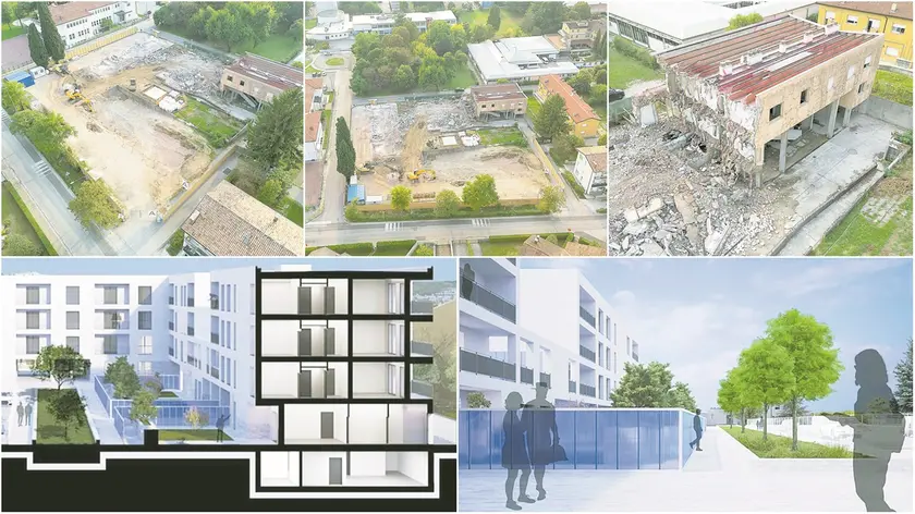 Sopra, le immagini aeree che testimoniano lo stato di avanzamento delle demolizioni nell’area di San Domenico dove sorgevano tre palazzine Ater. Sotto, i disegni realizzati al computer di come apparirà l’area in futuro: prevista la costruzione di un unico edificio con 39 alloggi