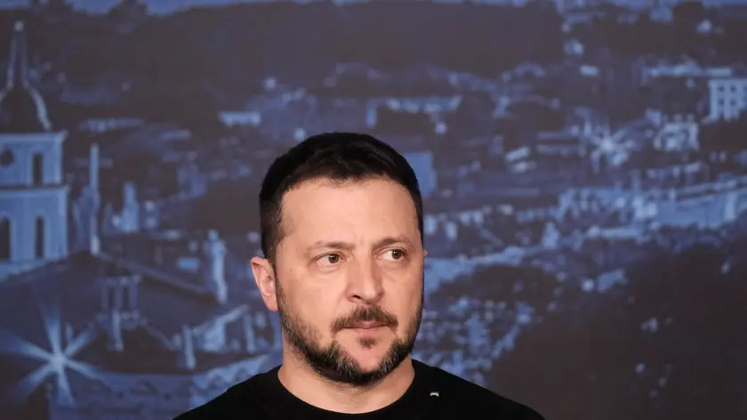 epa11272442 Ukraine's President Volodymyr Zelensky attends the Three Seas (3SI) Summit at the Palace of the Grand Dukes of Lithuania in Vilnius, Lithuania, 11 April 2024. EPA/VALDA KALNINA