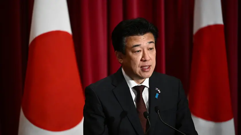 epa11586032 Japanese Defence Minister Minoru Kihara speaks during a press conference at Fort Queenscliff, in Queenscliff, Victoria, Australia, 05 September 2024. EPA/JOEL CARRETT AUSTRALIA AND NEW ZEALAND OUT