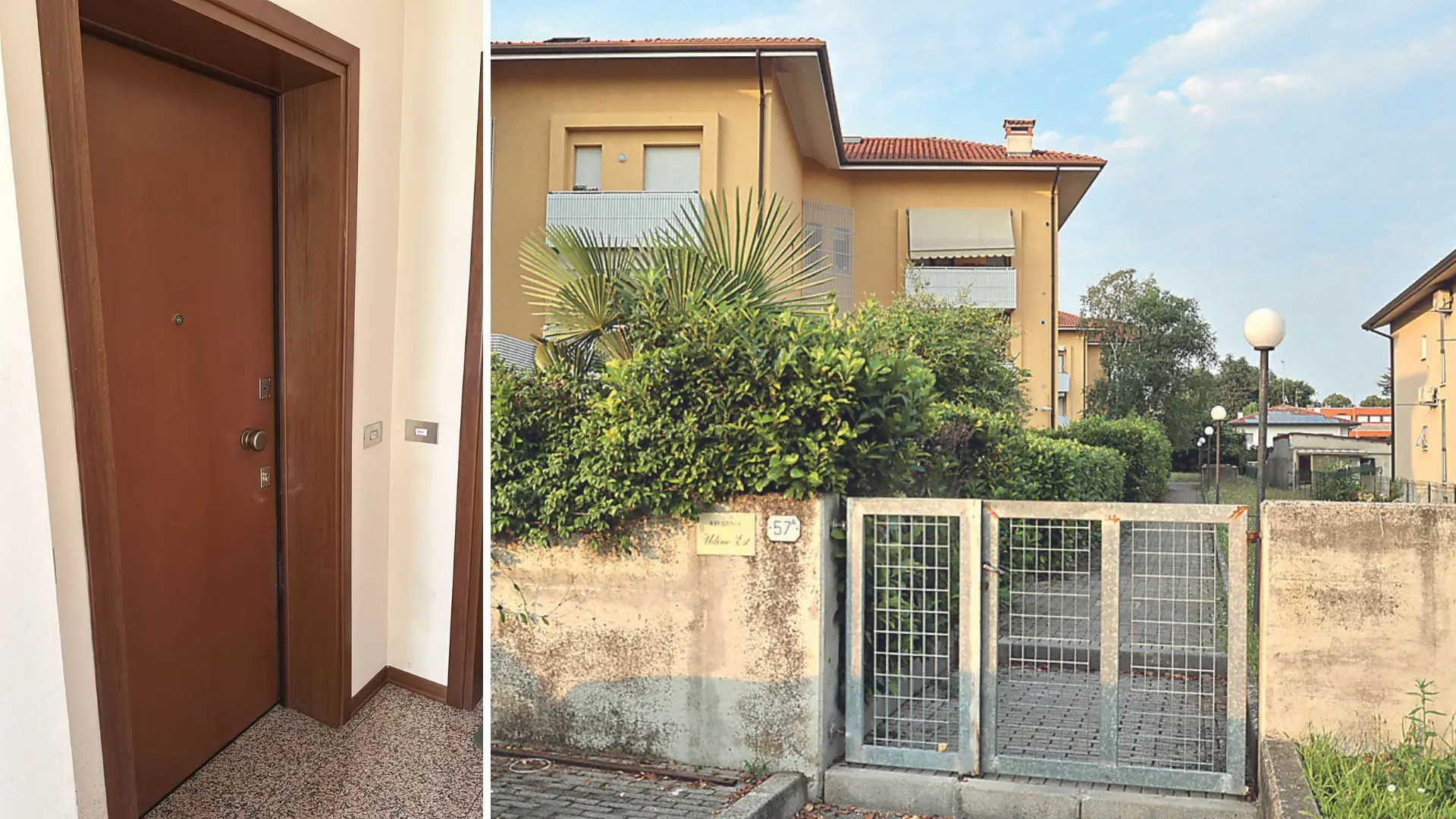 La porta dell'appartamento della coppia e, a destra, il condominio Udine Est al civico 57 di via Bariglaria