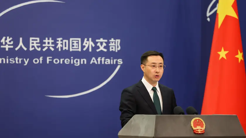 epa11279421 China’s Ministry of Foreign Affairs spokesperson, Lin Jian, speaks during a press conference in Beijing, China, 15 April 2024. China's Foreign Ministry spokesperson Lin Jian expressed 'deep concern' over the escalation of conflict following Iran’s missile and drone attack on Israel, and 'urge both sides to avoid escalation of the situation'. EPA/WU HAO