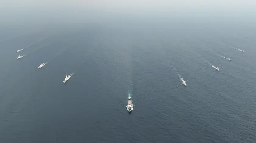epa11349307 An aerial photo taken with a drone shows the China Coast Guard (CCG) 3502 fleet conducting formation training in waters adjacent to China's Huangyan Dao, South China Sea, 17 May 2024 (issued 18 May 2024). EPA/XINHUA / Wang Yuguo CHINA OUT / UK AND IRELAND OUT / MANDATORY CREDIT EDITORIAL USE ONLY EDITORIAL USE ONLY