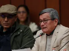 epa11034763 The ELN leader and delegate Pablo Beltran (R) speaks during a session of the fifth round of negotiations between the Colombian Government and the National Liberation Army (ELN) in Mexico City, Mexico, 17 December 2023. The fifth round ends with solid progress towards peace and a commitment to end kidnapping by the ELN group. EPA/ISAAC ESQUIVEL
