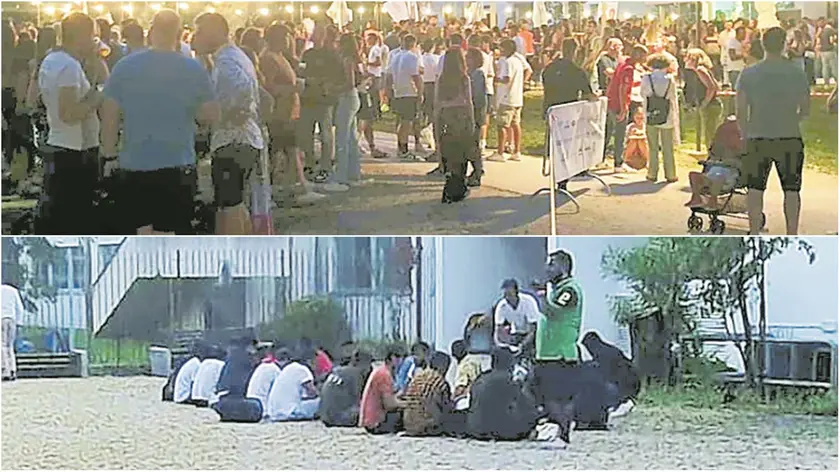 Sopra, l’aperitivo della domenica al parco San Valentino. Sotto, la cena di alcuni immigrati senza fissa dimora fuori dal Concordia