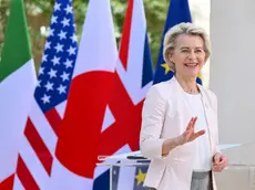 epa11407254 European Commission President Ursula von der Leyen waves as she arrives for the G7 summit in Borgo Egnazia, southern Italy, 13 June 2024. The 50th G7 summit will bring together the Group of Seven member states leaders in Borgo Egnazia resort in southern Italy from 13 to 15 June 2024. EPA/ETTORE FERRARI