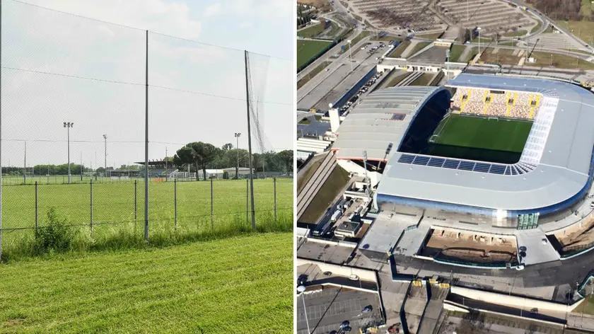 L’area del campo sportivo di Pasian di Prato dove potrebbe sorgere lo stadio a sinistra (foto petrussi). A destra lo stadio Friuli ai Rizzi, Udine