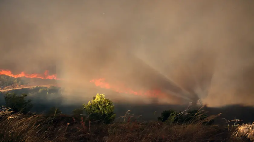 epa11545831 Thick smoke rises during a wildfire that broke out in an area of farmland and forest in Varnavas, Attica region, Greece, 11 August 2024. The forces working to extinguish the Varnavas fire include 250 firefighters with 10 teams of forest commandos, 67 vehicles and a large number of volunteers, 12 firefighting airplanes and seven helicopters in the air and one helicopter for coordination. Assistance is also being provided by digging machinery and water trucks of the Attica Region and the armed forces. Varnavas residents have been instructed to evacuate the area via a message from the 112 emergency number. EPA/ALEXANDROS BELTES