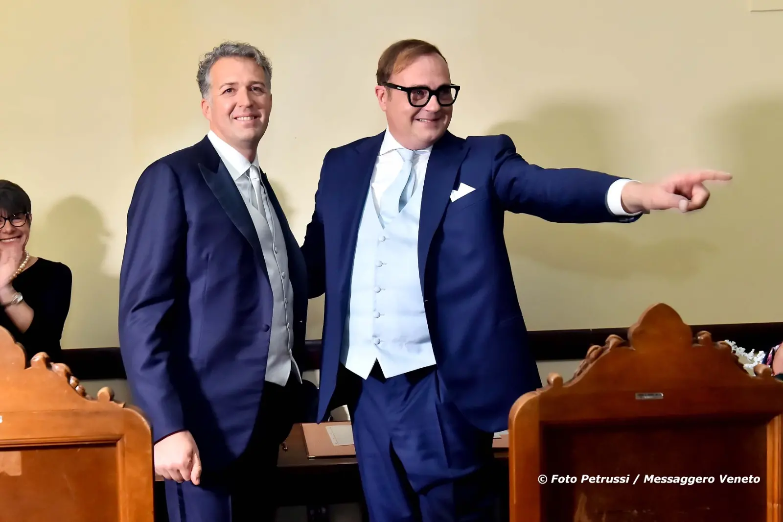 Dopo otto anni assieme e trent'anni di amicizia, Tommaso Cerno e Stefano Balloch si sono sposati. L'unione civile tra l'ex parlamentare dem e direttore del quotidiano L'Identità e l'ex sindaco di Cividale è stata celebrata oggi, mercoledì 28 dicembre, nel monastero sconsacrato di Santa Maria in Valle alla presenza dei familiari e degli amici degli sposi. (Foto Petrussi)