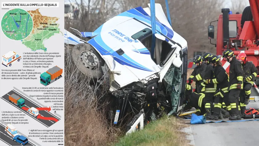 La dinamica dell'incidente sulla Cimpello-Sequals: a destra i vigili del fuoco al lavoro per mettere in sicurezza l'area dello scontro