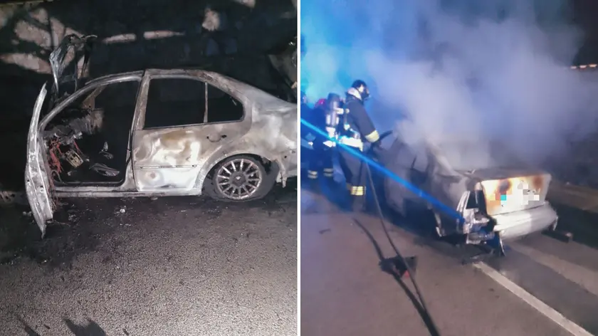 Le immagini della macchina e dei vigili del fuoco intenti a spegnere le fiamme