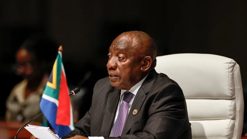 epa10815279 South African President Cyril Ramaphosa delivers his remarks at the plenary session during the 2023 BRICS Summit at the Sandton Convention Centre in Johannesburg, South Africa, 23 August 2023. South Africa is hosting the 15th BRICS Summit, (Brazil, Russia, India, China and South Africa), as the group’s economies account for a quarter of global gross domestic product. Dozens of leaders of other countries in Africa, Asia and the Middle East are also attending the summit. EPA/GIANLUIGI GUERCIA / POOL