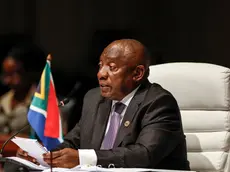 epa10815279 South African President Cyril Ramaphosa delivers his remarks at the plenary session during the 2023 BRICS Summit at the Sandton Convention Centre in Johannesburg, South Africa, 23 August 2023. South Africa is hosting the 15th BRICS Summit, (Brazil, Russia, India, China and South Africa), as the group’s economies account for a quarter of global gross domestic product. Dozens of leaders of other countries in Africa, Asia and the Middle East are also attending the summit. EPA/GIANLUIGI GUERCIA / POOL