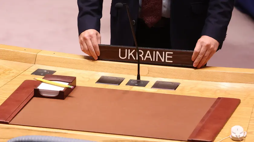 epa11622899 The placard for Ukraine's president is positioned for a high-level Security Council meeting on the conflict between Russia and Ukraine on the sidelines of the General Debate of the 79th session of the United Nations General Assembly at United Nations Headquarters in New York, New York, USA, 24 September 2024. The annual high-level General Debate gathers world leaders from 24 to 28 September, and 30 September under the theme, 'Leaving no one behind: acting together for the advancement of peace, sustainable development and human dignity for present and future generations'. EPA/SARAH YENESEL