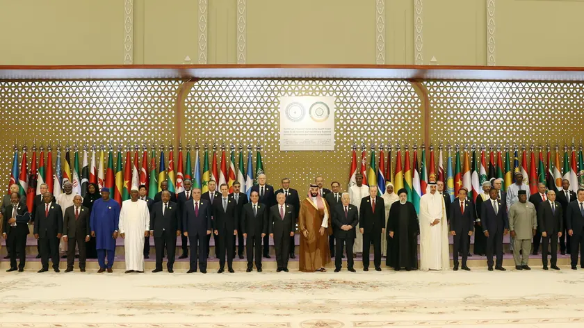 epa10969968 A handout photo made available by the Turkish Presidential press office shows leaders posing for a picture during the Organisation of Islamic Cooperation (OIC) leaders' summit on Palestine, in Riyadh, Saudi Arabia, 11 November 2023. EPA/TURKISH PRESIDENTIAL PRESS OFFICE / HANDOUT HANDOUT EDITORIAL USE ONLY/NO SALES HANDOUT EDITORIAL USE ONLY/NO SALES
