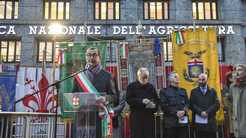 Il sindaco Beppe Sala al corteo e commemorazione per la strage di piazza Fontana, 12 Dicembre 2023 ANSA/MATTEO CORNER