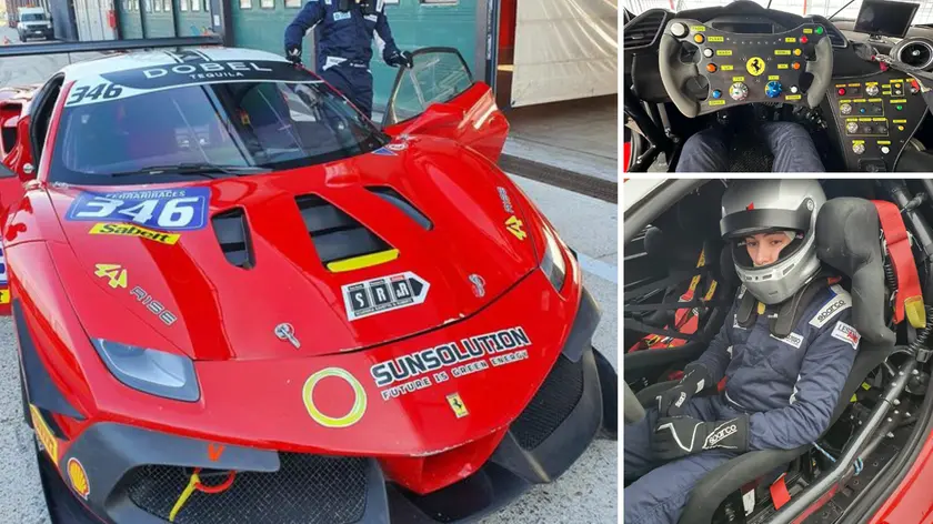 Angelo Giannelli in basso a sinistra a bordo della Ferrari nel campionato National Gt Challenge 2024 e i comandi del bolide di Maranello visti da dentro l’abitacolo
