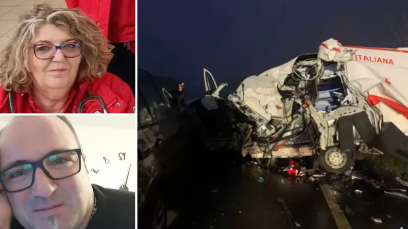 Le vittime dell'incidente sulla Cimpello Sequals: in alto Graziella Mander, sotto Pierantonio Petrocca e a destra una foto dell'ambulanza coinvolta nello scontro