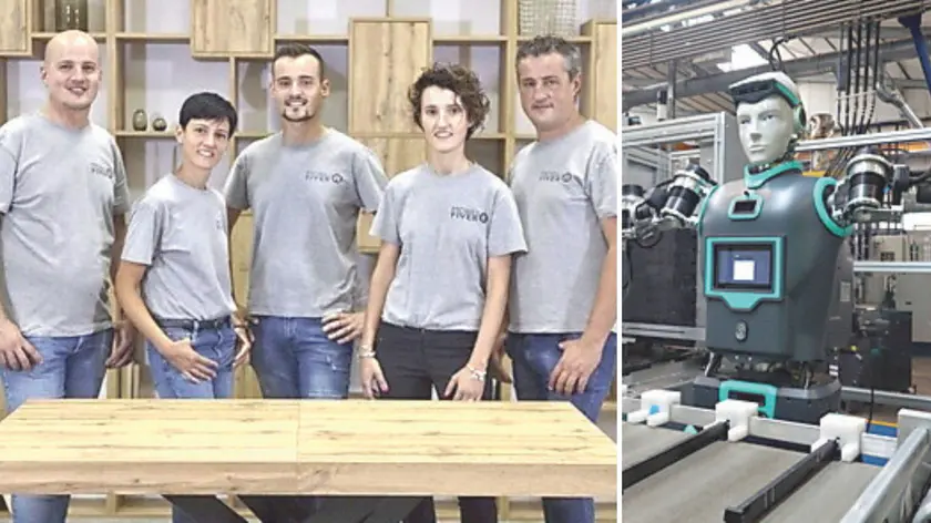 I fratelli Gobbo dei Mobili Fiver e un automa Robee alla CosmaGroup