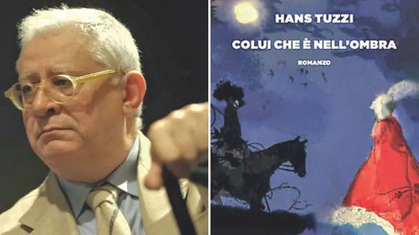 A destra Hans Tuzzi, a sinistra la copertina di Colui che è nell'ombra