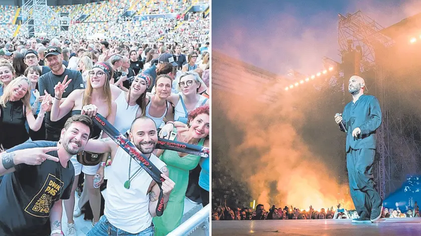 I fan allo stadio (foto Petrussi) e, a destra, Giuliano Sangiorgi, frontman dei Negramaro (foto Luca di Simone)