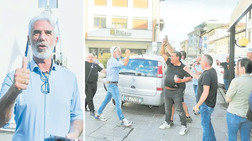 Roberto Vicentini è il nuovo sindaco di Tolmezzo, a destra durante i festeggiamenti in piazza dopo il responso elettorale