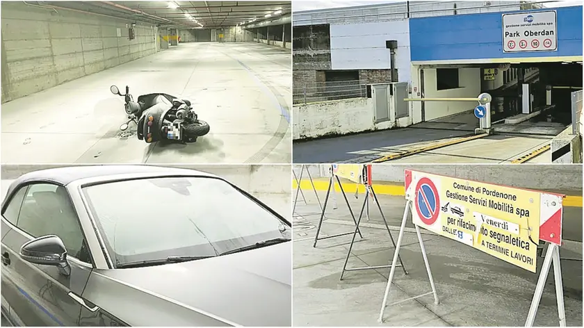 Dall’alto a sinistra in senso antiorario: il livello -1 imbiancato dagli estintori scaricati e lo scooter caduto a terra, l’auto innevata, le transenne collocate al piano chiuso e l’ingresso del park Oberdan