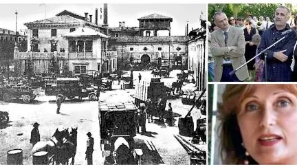 Un’immagine della storica birreria Moretti di viale Venezia; a destra, in alto, l’intervento di Annalena Menazzi Moretti all’inaugurazione del parco Moretti nel 2002, e, in basso, un suo primo piano