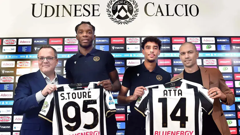 Udine 18 Settembre 2024. Presentazione nuovi acquisti Udinese Calcio. Modesto, Sava, S.Toure' e Atta. © Foto Petrussi