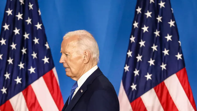 epa11473489 US President Joe Biden arrives for a press conference on the sidelines of the 75th Anniversary of the North Atlantic Treaty Organization (NATO) Summit at the Walter E. Washington Convention Center in Washington, DC, USA, 10 July 2024. President Biden is under increasing pressure from Democrats to step aside as the party’s presidential candidate. EPA/JIM LO SCALZO