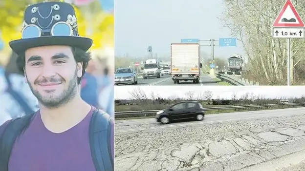 Il ragazzo vittima dell'incidente e, a destra, il segnale di “strada dissestata” comparso nel Padovano, lungo la regionale 308, tra Campodarsego e Cadoneghe. In basso un tratto della stessa strada