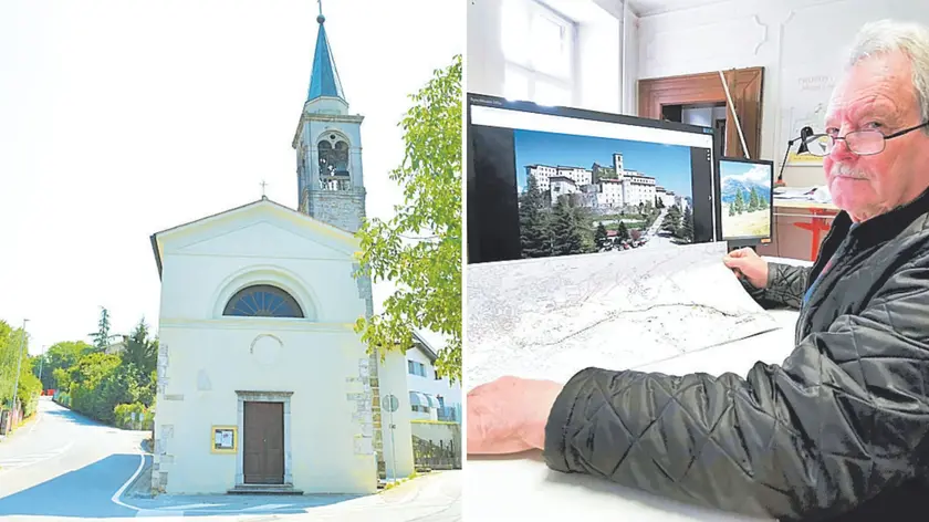 La chiesa di Carraria, dalla quale parte la strada per Castelmonte; a destra, l’architetto Arduino Cargnello, incaricato del progetto (Foto Petrussi)