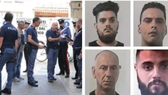 Agenti di Polizia sul luogo della rapina e, a destra, i quattro banditi: in alto, Daniele Giuliano e Nevio Cavallo; in basso, Massimo Cangiano e Pasquale La Montagna