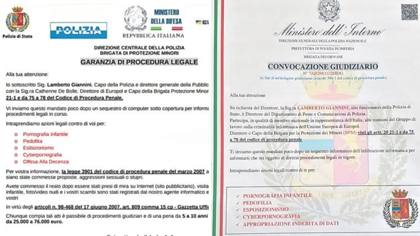 Due tipologie delle lettere inviate dai malviventi alle mail delle potenziali vittime