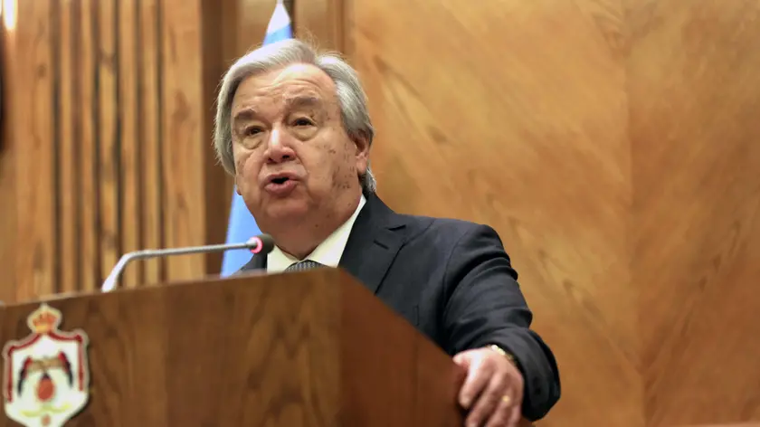 epa11242445 United Nations Secretary-General Antonio Guterres speaks during a press conference with Jordan's Foreign Minister (not pictured), in Amman, Jordan, 25 March 2024. Gutteres visited the Rafah border crossing between Gaza and Egypt on 23 March. The UN security Council is due, on 25 March, to vote again on a new resolution calling for an "immediate" ceasefire in Gaza, three days after another ceasefire resolution presented by the US had been vetoed by Russia and China. EPA/MOHAMMAD ALI