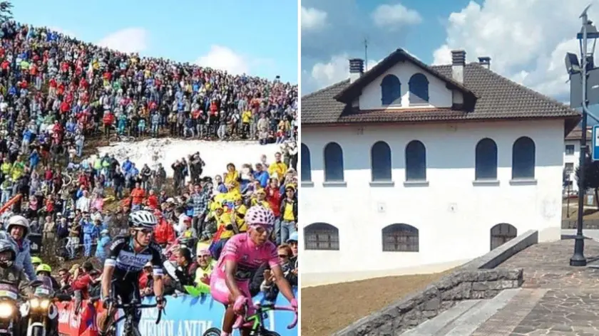 Un arrivo di tappa del Giro d'Italia sullo Zoncolan e, a destra, l’edificio che sarà utilizzato dal Comune di Ovaro