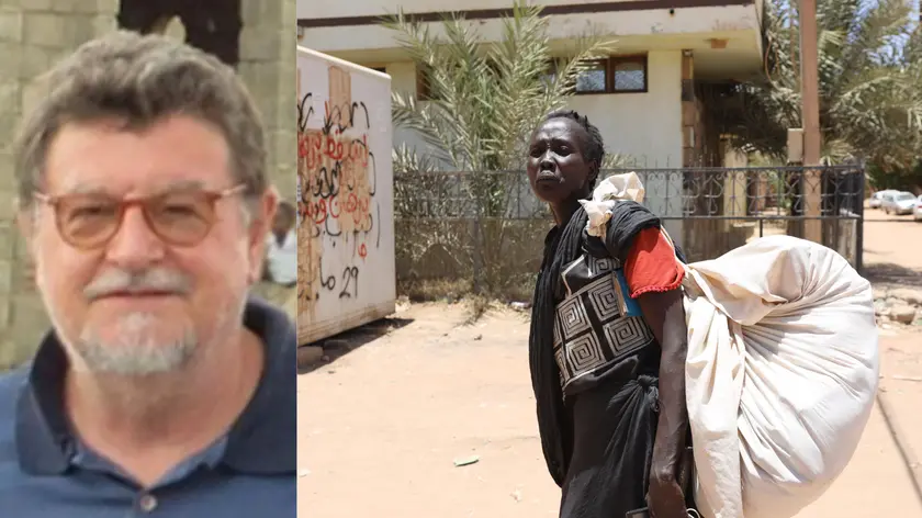 Padre Luigi Cignolini e un'immagine della guerra civile in Sudan