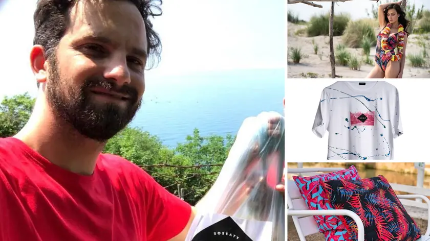 Simone Scodellaro durante una campagna di raccolta plastica, poi alcuni prodotti realizzati (una t-shirt e tessuti riciclati al 100 per cento) dalla Soseaty