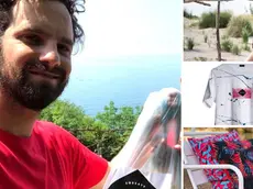 Simone Scodellaro durante una campagna di raccolta plastica, poi alcuni prodotti realizzati (una t-shirt e tessuti riciclati al 100 per cento) dalla Soseaty