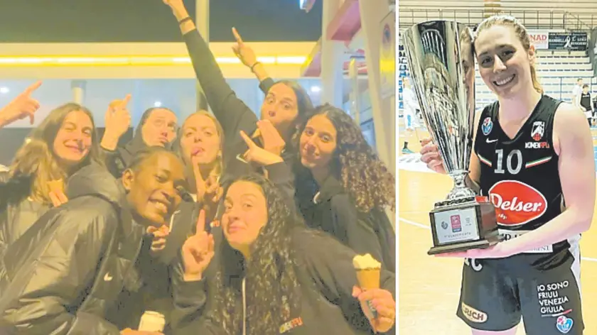 A sinistra sosta con festa all’autogrill nella notte per le ragazze di Riga, a destra la capitana Chiara Bacchini