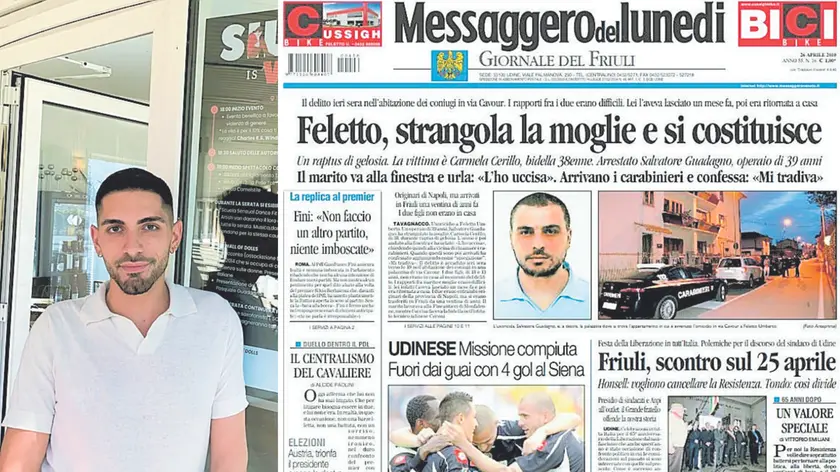 Pasquale Guadagno davanti al suo locale, dove presenterà il libro. A destra la pagina del Messaggero Veneto dell’aprile 2010