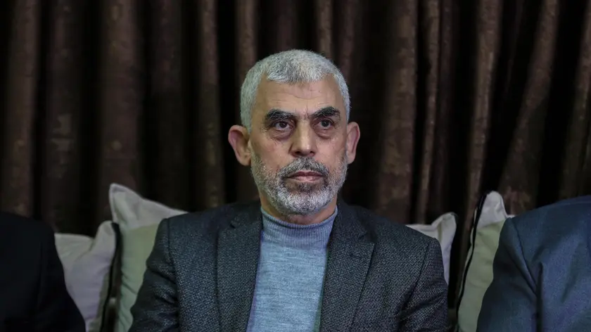 epa09066583 Hamas Gaza leader Yahya Al Sinwar attends a press conference after Hamas announcing his victory in Gaza City, Gaza Strip, 10 March 2021. Sinwar was re-elected as Gaza Hamas leader on 10 March 2021. EPA/MOHAMMED SABER