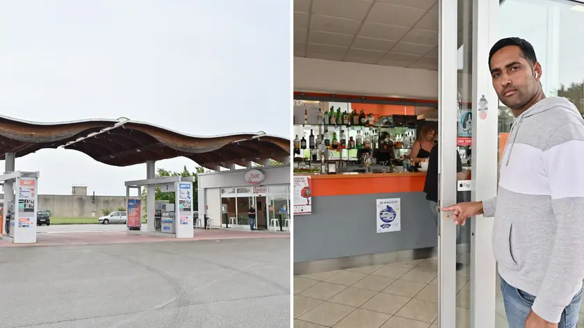 La stazione di servizio “Ip” di via Nazionale, a Moimacco; a destra il titolare indicata la serratura forzata dai ladri