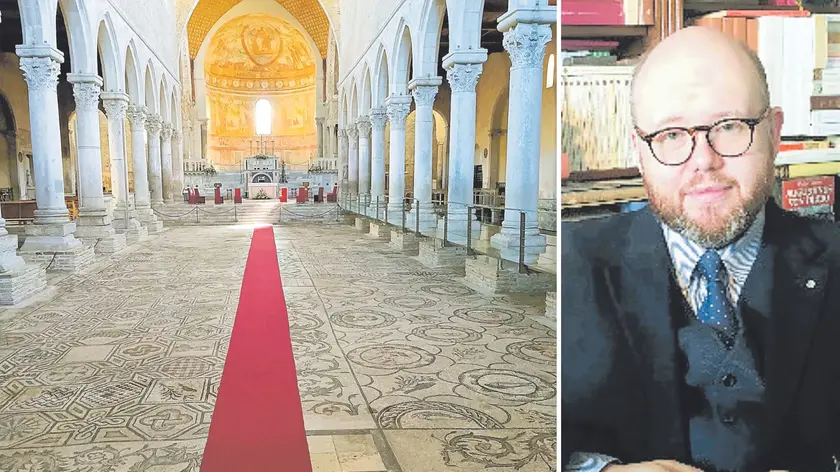 Un’immagine dei mosaici in basilica ad Aquileia, al centro dell’appuntamento di Avostanis a San Vito al Tagliamento; a destra Gabriele Pelizzari