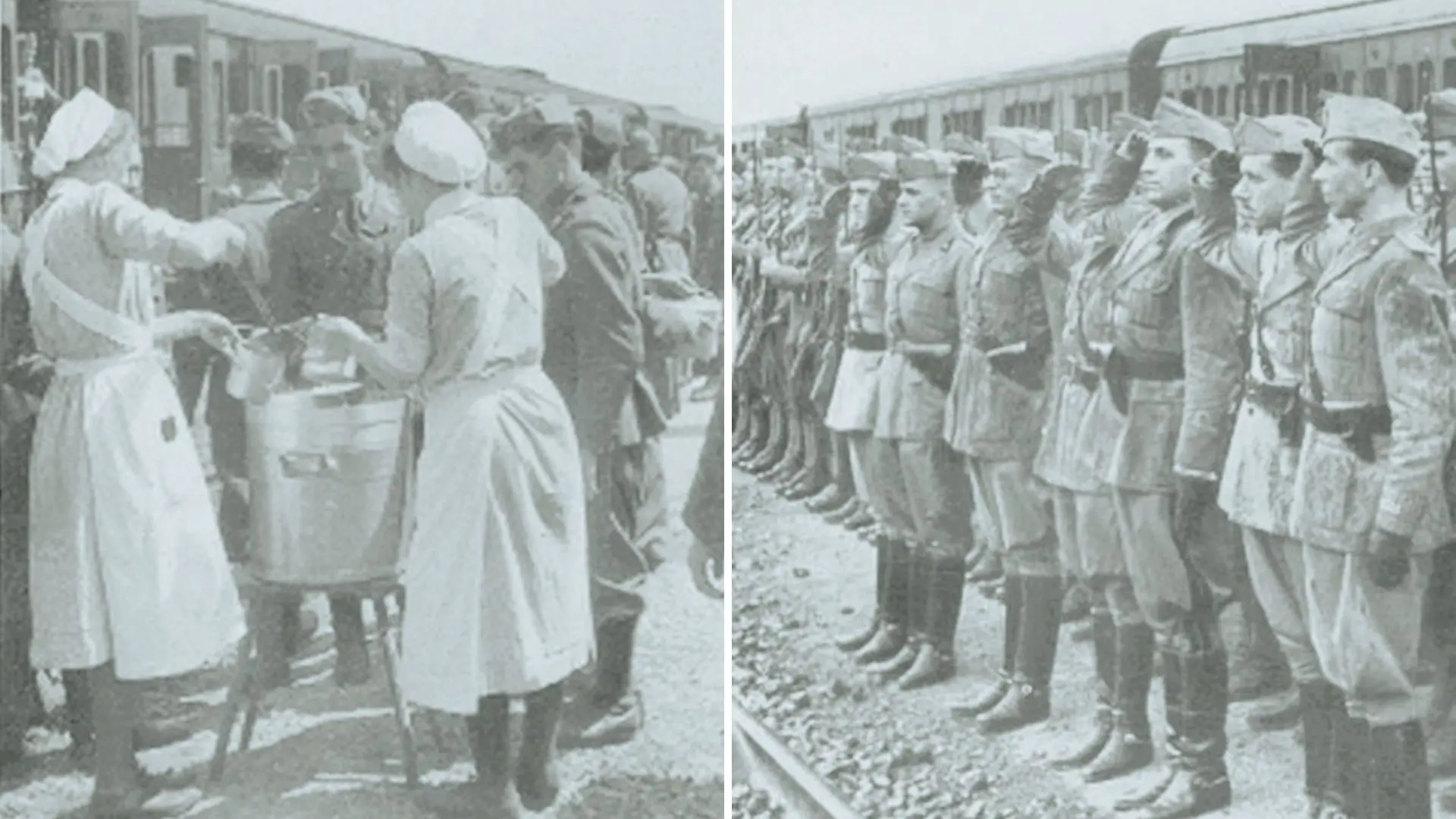 Due immagini delle truppe italiane in partenza per il fronte