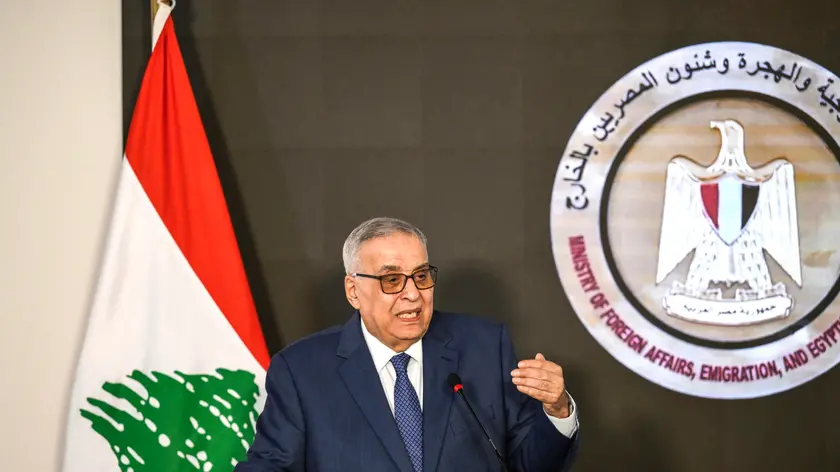 epa11529500 Lebanese Foreign Minister Abdallah Bou Habib speaks during a press conference with Egyptian Foreign Minister Badr Abdelatty (not pictured) following their meeting at the new capital administration in Cairo, Egypt, 06 August 2024. According to Egyptian state media, the two foreign ministers met in Cairo on 06 August to discuss the escalating tension in the region. EPA/MOHAMED HOSSAM