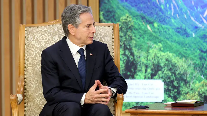 epa11500022 US Secretary of State Antony Blinken speaks to Vietnamese Prime Minister Pham Minh Chinh (not pictured) during their meeting at the Government Office in Hanoi, Vietnam, 27 July 2024. Blinken is in Vietnam on 27 July to honor the passing of Vietnam's late General Secretary of the Communist Party Nguyen Phu Trong. Vietnam held a two-day national funeral on 25 and 26 July for General Secretary of the Communist Party, Nguyen Phu Trong, who died in Hanoi on 19 July at the age of 80. EPA/LUONG THAI LINH / POOL