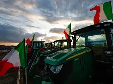The tractors of Italian farmers of the 'Riscatto Agricolo' (Agricultural redemption) movement on a field near the Nomentana Consular road near Rome, Italy, 12 February 2024. ANSA/FABIO FRUSTACI