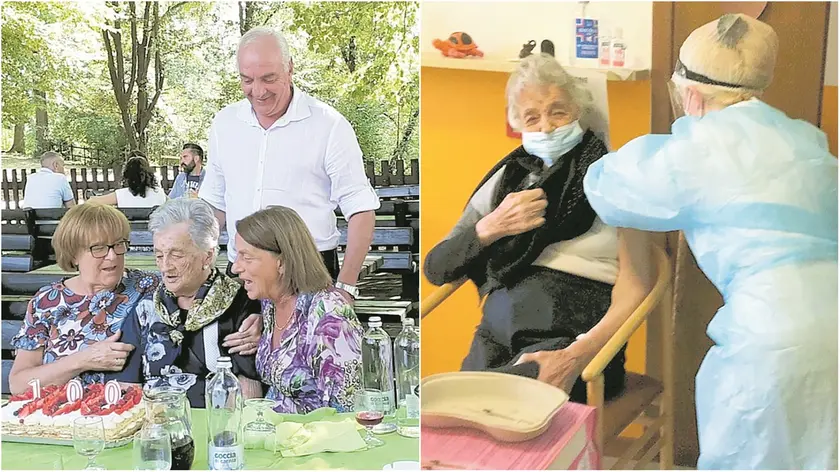 Amabile Grimaz il giorno in cui ha festeggiato il centesimo compleanno e, a destra, al momento della vaccinazione anti-coronavirus