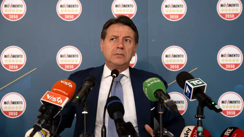Giuseppe Conte leader del M5Stelle in conferenza stampa, commenta i risultati delle elezioni Europee. Roma, 10 giugno 2024 ANSA/MASSIMO PERCOSSI