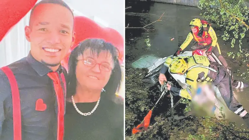 Hector Moises Corporan Benzant con Edda Brusadin del ristorante “Il Braciere”, a destra il recupero della vettura finita nel laghetto